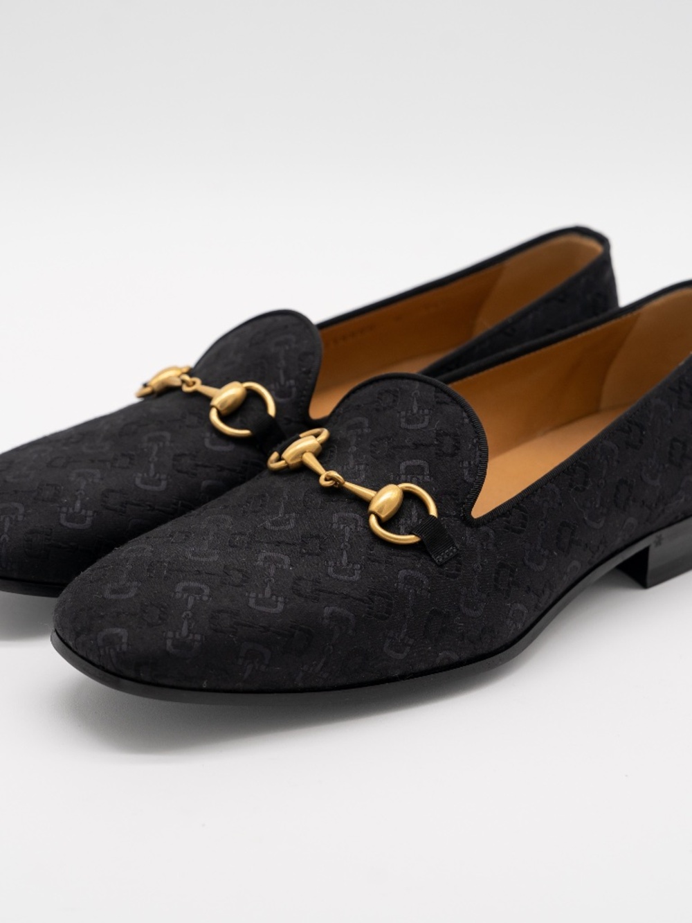 Gucci Men's Loafers Horsebit Gallipoli Canvas Jacquard Black Gold size 8G 8.5 US